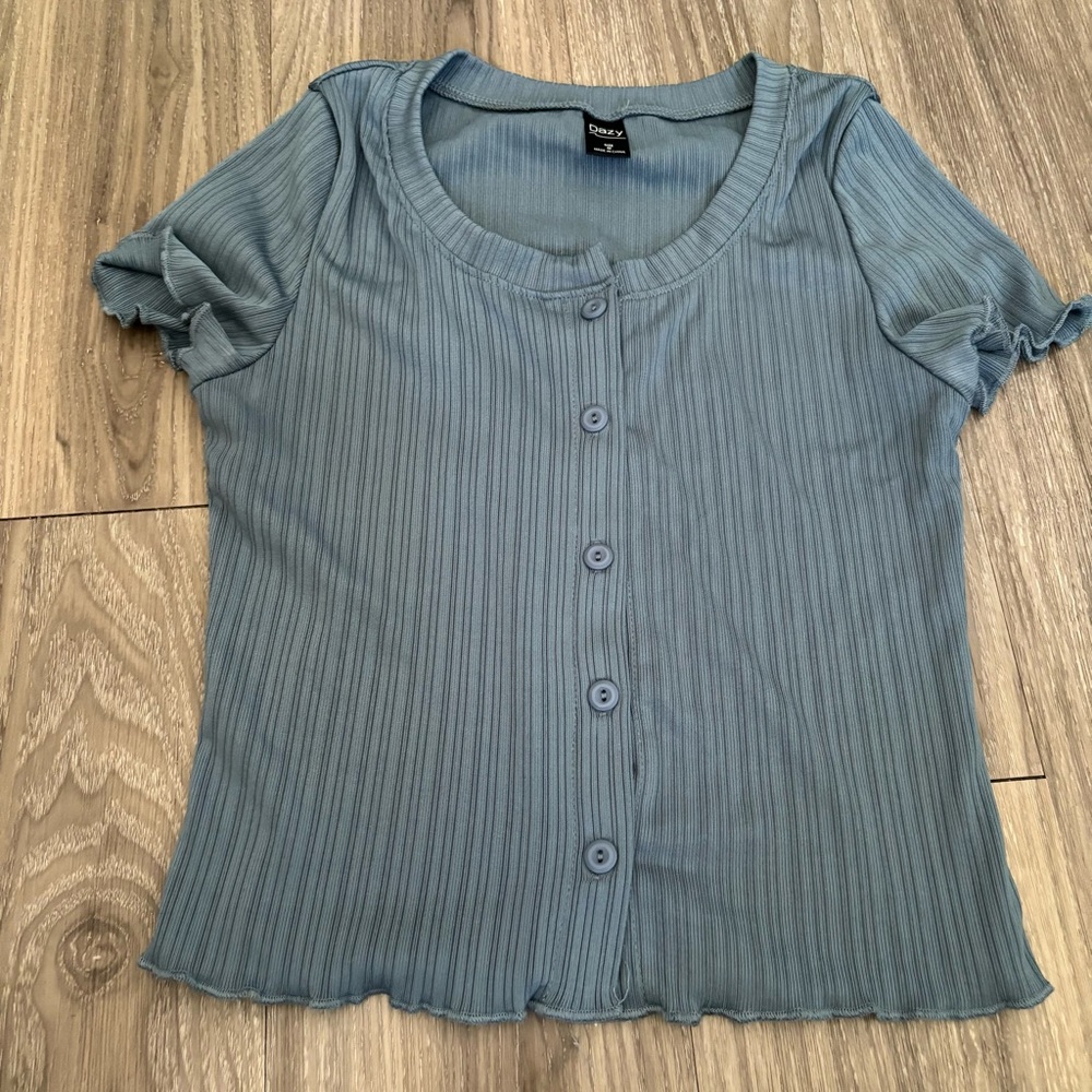 Davy Dusty Blue Ribbed Button-Front Short Sleeve Top